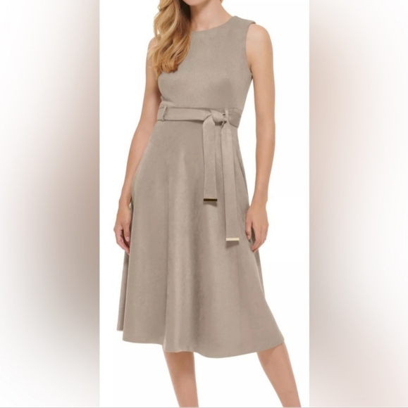 calvin klein faux suede a line dress | Dresses | Nwt Calvin Klein Belted 2 All Homecoming Dress Rosia Celestial Print Suede featuring a belted waist. Size:UK22